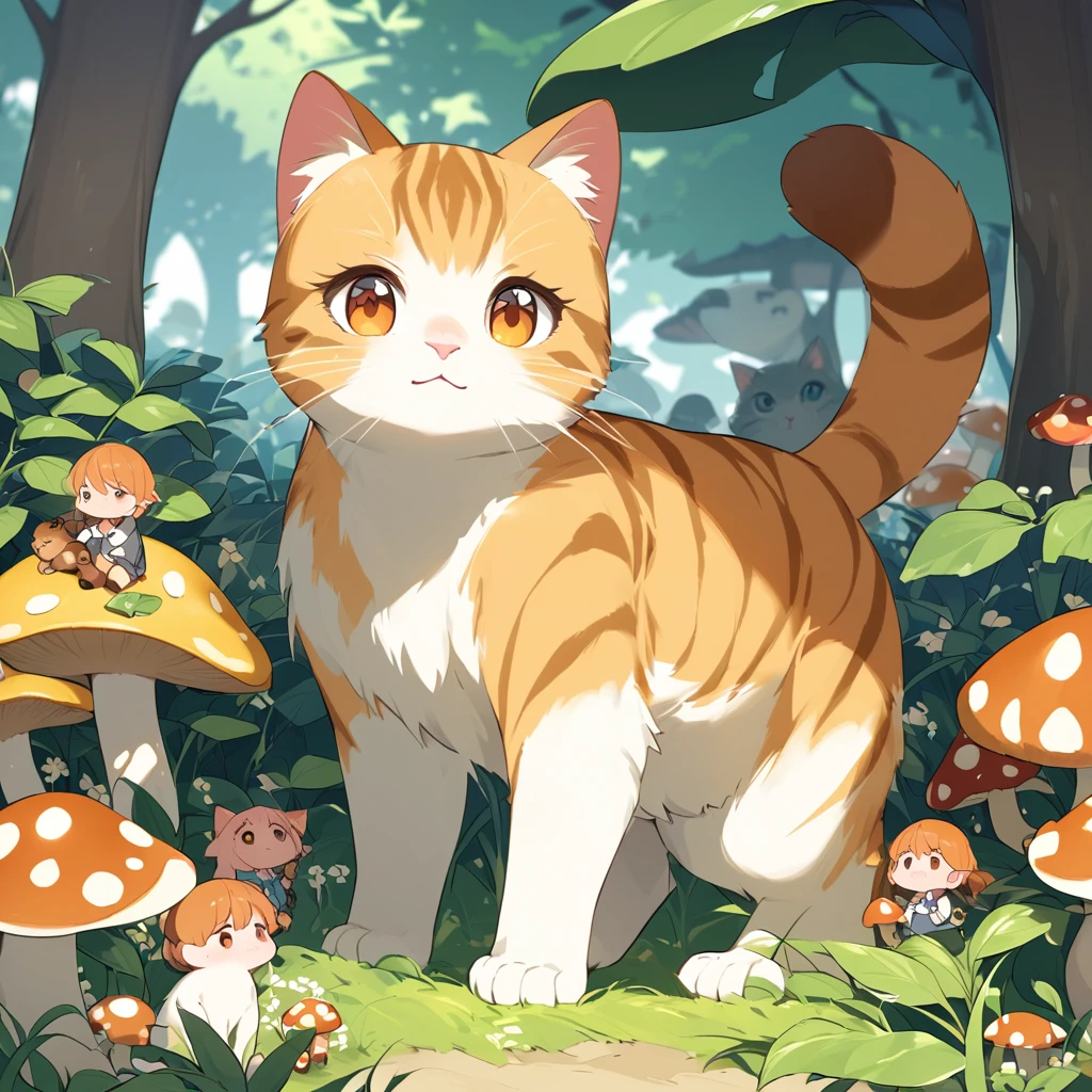 A scene with little people gathering under leaves and mushrooms。A big cat approaches、The little ones hide、Curious about cats々And they approach。The cat&#39;s face is drawn large in the center of the screen.、The little people are placed around it。The elements of nature are depicted in abundance.、Warm lighting surrounds the entire space。