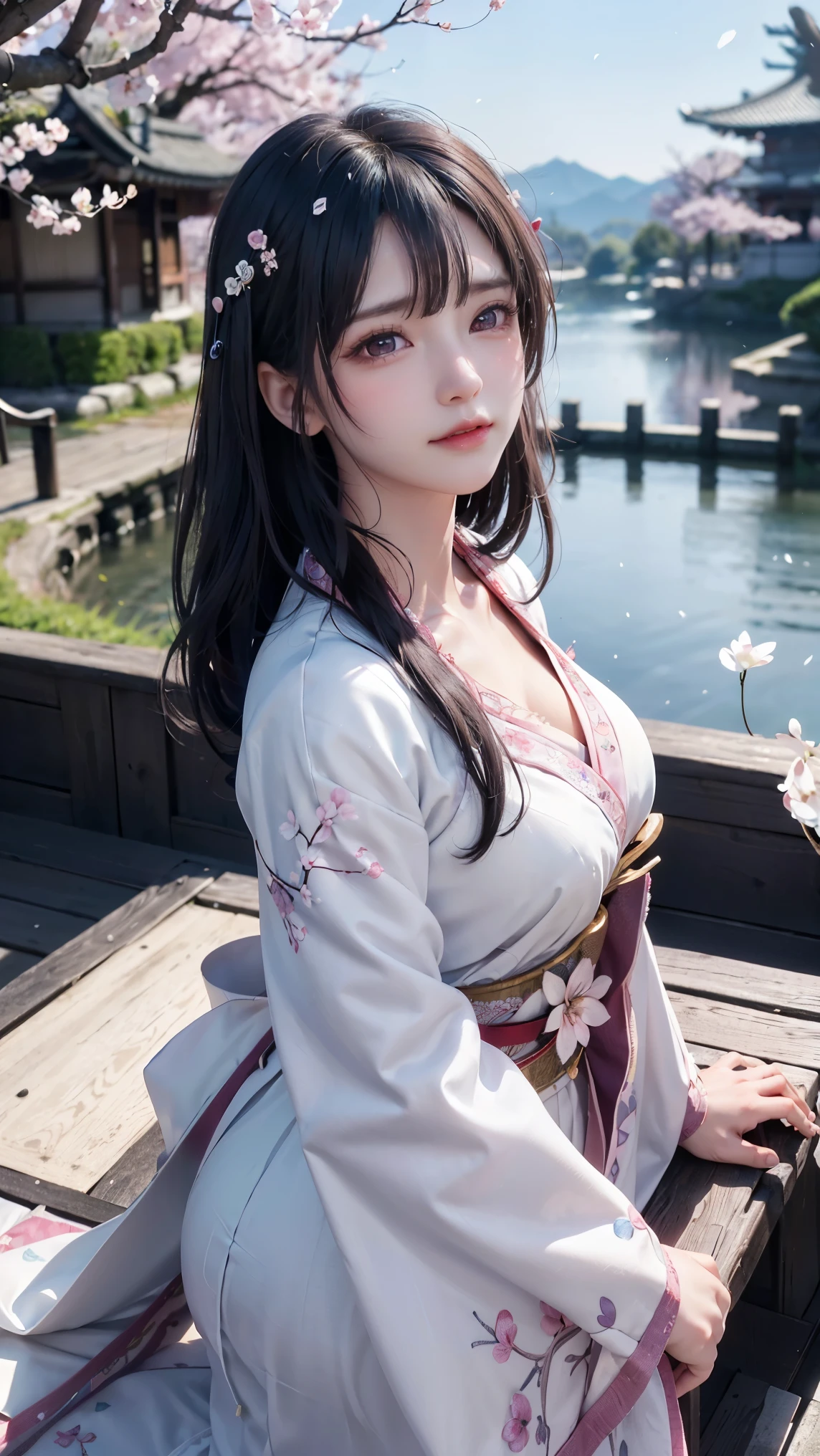 (logo、masterpiece、8k、table top、RAW photo、wonderful、最high quality、Photorealistic and hvery detailed CG integrated 8k wallpaper、high quality、very detailed、Narrative poem、particle effects、dynamic effects、written boundary depth、cinematic light、Lens flare、ray tracing)、fantasy、 (1 beautiful woman、white kimono、Japan Dress、white cherry blossom pattern、White cherry blossom embroidery pattern、black haired、beautiful face、real face、beautiful details eyes beautiful skin)、Hair flutters in Wind、hair bounces、pink cherry tree、petals dance、SakuraFubuki、wonderful scenery、sunrise、sun on background、Wind、god々、teeth、god story、vast land