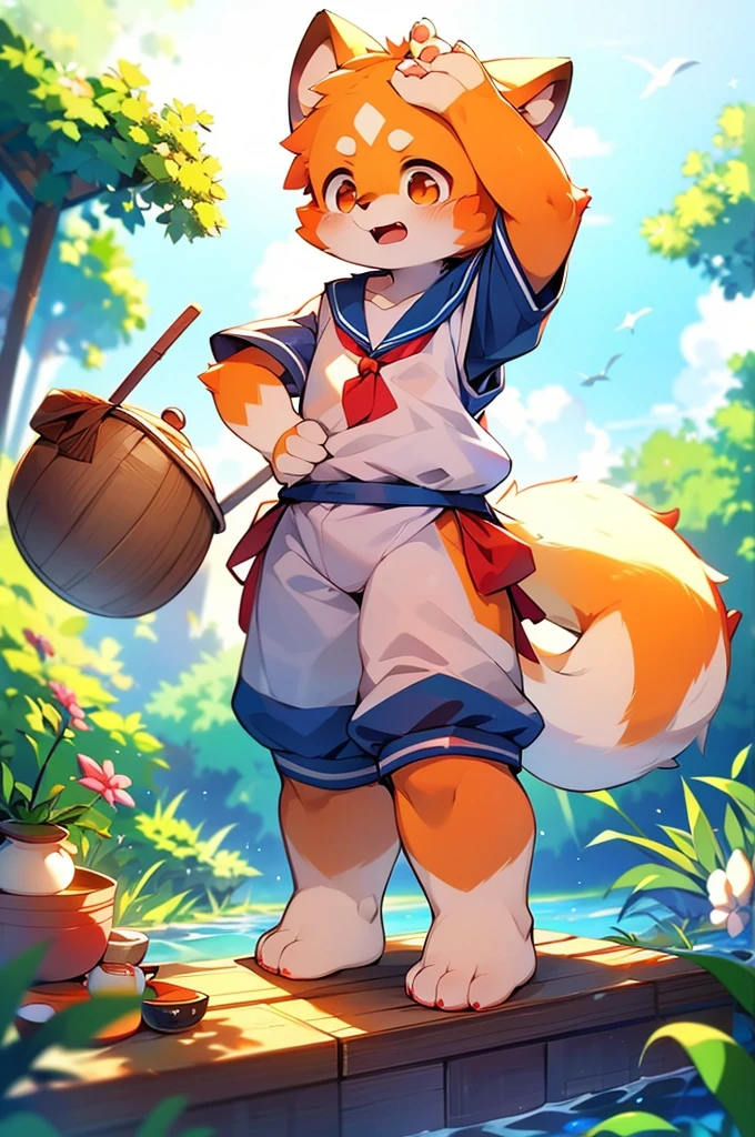 Red Panda Boy,8k resolution,Furry, Ocean,Sailor suit,Red collar,Two legs,Stand up on your own two feet! Towering,spindly,spindly,Drooling,cooked rice