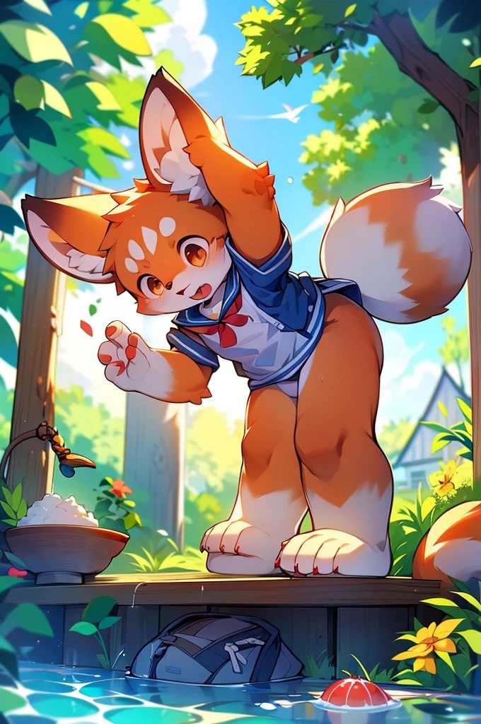 Red Panda Boy,8k resolution,Furry, Ocean,Sailor suit,Red collar,Two legs,Stand up on your own two feet! Towering,spindly,spindly,Drooling,cooked rice