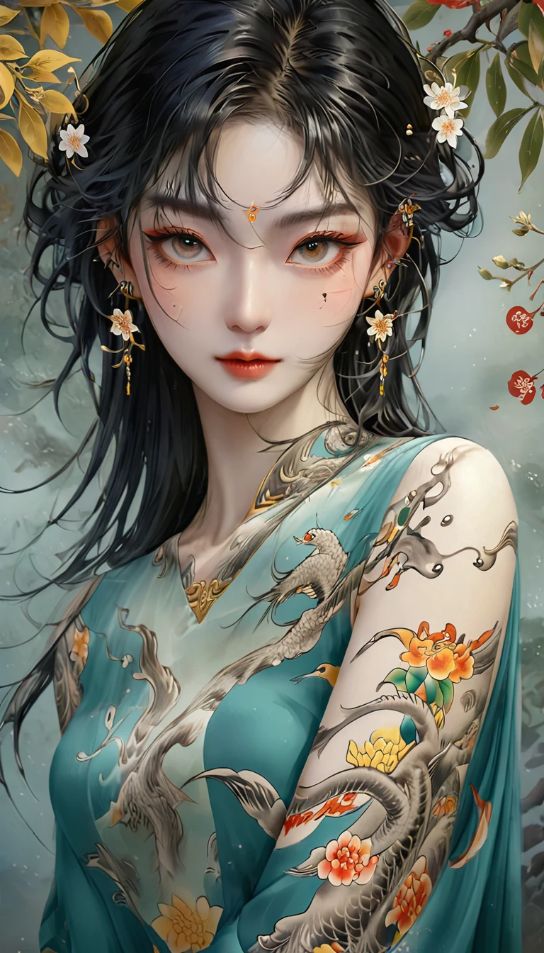 Chinese Beauty, Charming temperament, floating long dress, Clear face, beautiful eyes, Around osmanthus flowers, A masterpiece of perfect body structure proportions, Very detailed, Epic creation, Color Tattoo Art, Neo-Traditional Tattoo Art, SD tattoo design, Color Tattoo Art, mystery、enthusiasm、Friendly atmosphere, Surrealism, Ultra HD, high quality, best quality, 32K --v 6