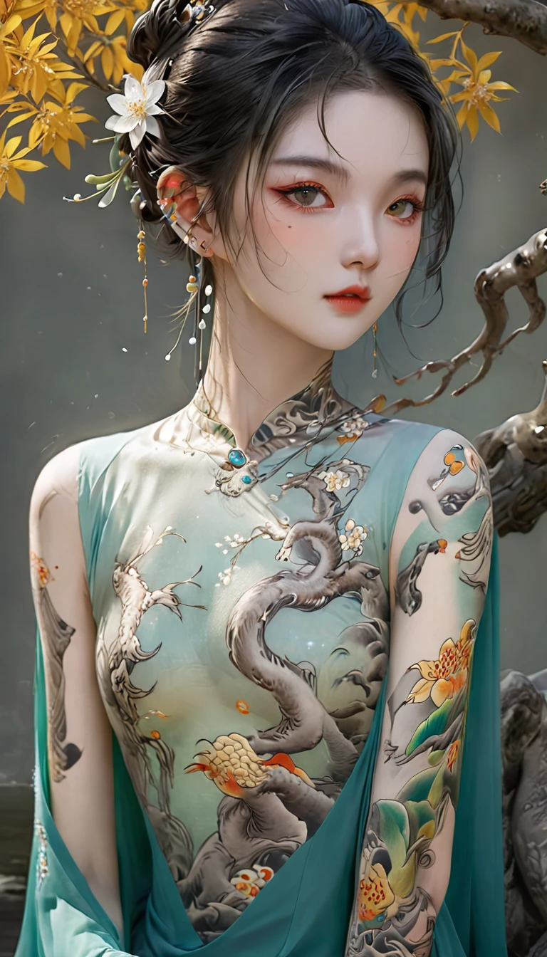 Chinese Beauty, Charming temperament, floating long dress, Clear face, beautiful eyes, Around osmanthus flowers, A masterpiece of perfect body structure proportions, Very detailed, Epic creation, Color Tattoo Art, Neo-Traditional Tattoo Art, SD tattoo design, Color Tattoo Art, mystery、enthusiasm、Friendly atmosphere, Surrealism, Ultra HD, high quality, best quality, 32K --v 6