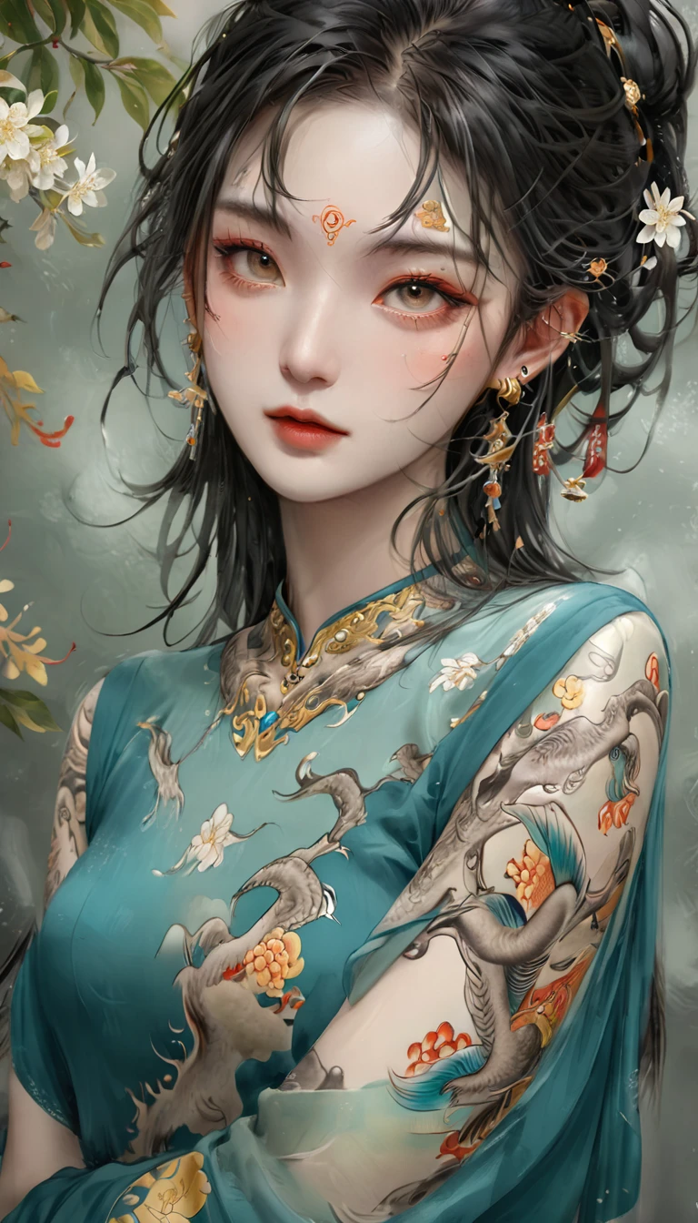 Chinese Beauty, Charming temperament, floating long dress, Clear face, beautiful eyes, Around osmanthus flowers, A masterpiece of perfect body structure proportions, Very detailed, Epic creation, Color Tattoo Art, Neo-Traditional Tattoo Art, SD tattoo design, Color Tattoo Art, mystery、enthusiasm、Friendly atmosphere, Surrealism, Ultra HD, high quality, best quality, 32K --v 6