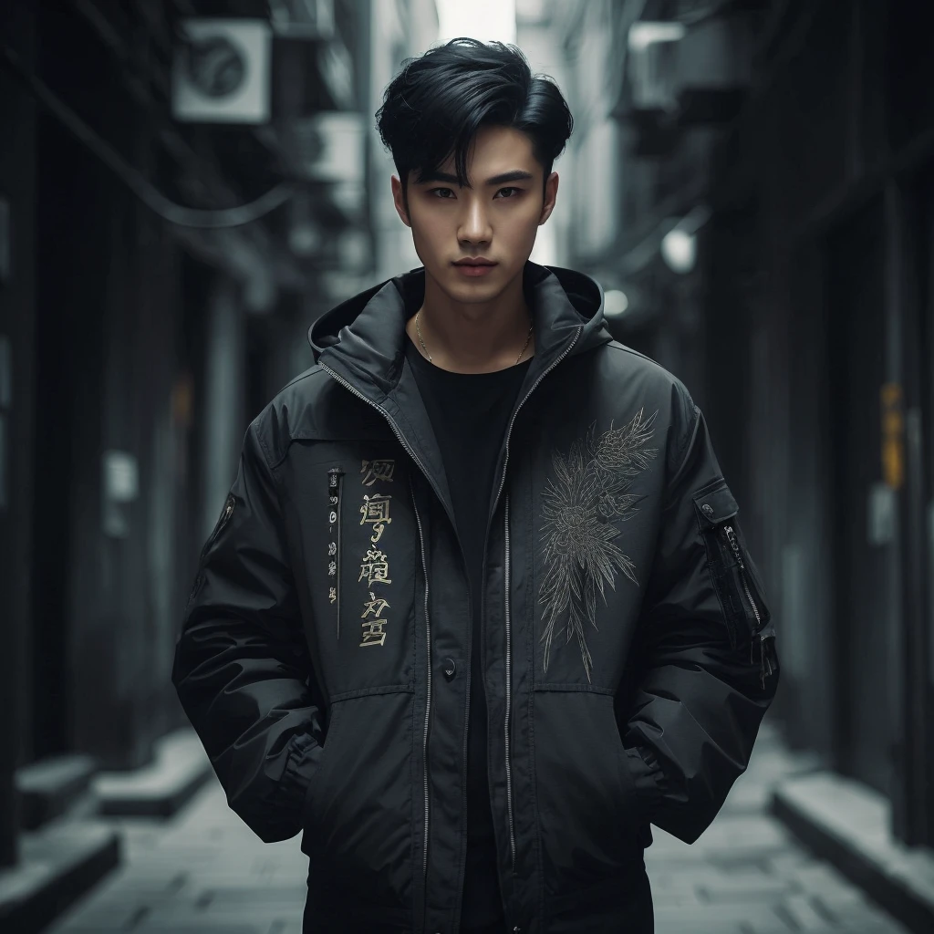 Professional photography of a full body elegant Asian man with body charm, mysterious aura, trendy black short taper hair, wearing a parka jacket with intricate sablon text (('Mau nya gitu?)) ' in a cosplay style, ultra-realistic rendering, masterpiece quality, dark alley background, cinematic, adjust contrast & saturation, vibrant color, with an enigmatic and intriguing expression, high definitions