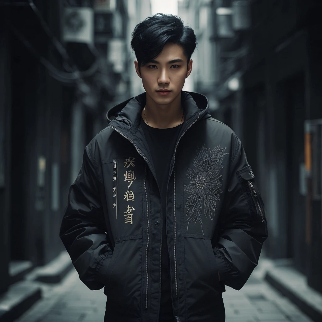 Professional photography of a full body elegant Asian man with body charm, mysterious aura, trendy black short taper hair, wearing a parka jacket with intricate sablon text (('Mau nya gitu?)) ' in a cosplay style, ultra-realistic rendering, masterpiece quality, dark alley background, cinematic, adjust contrast & saturation, vibrant color, with an enigmatic and intriguing expression, high definitions