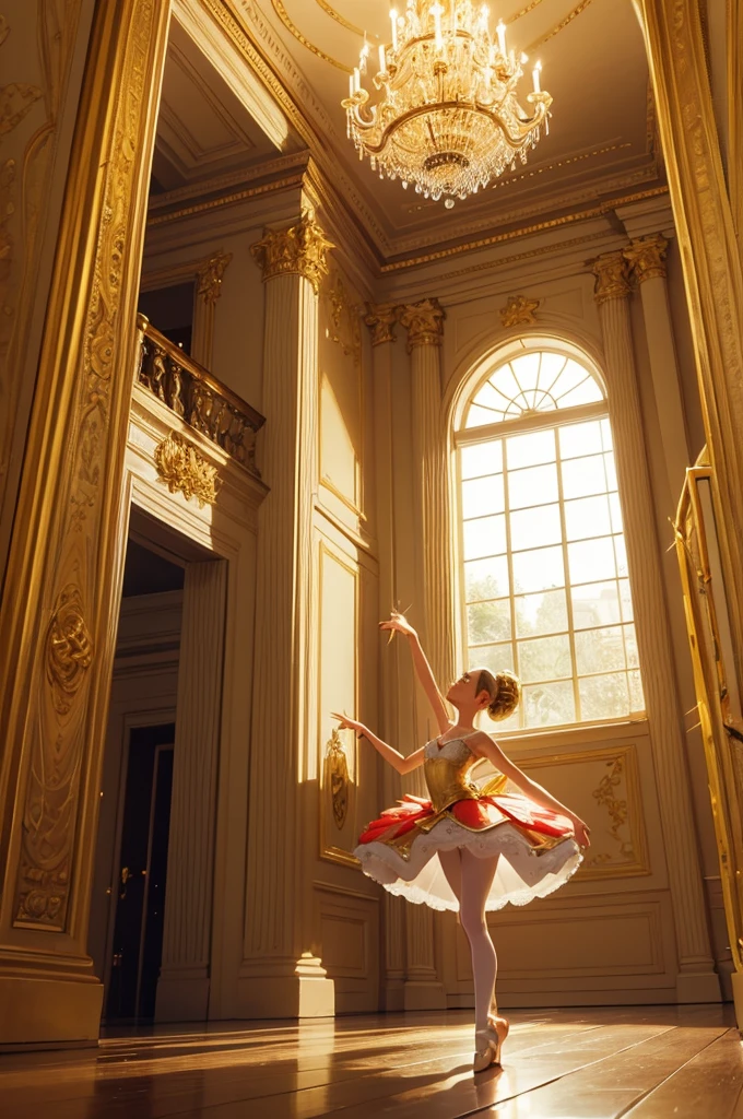 A kind huge giant in a ballerina tutu and pointe shoes is in the center of a bright, golden ballet hall, the hall is filled with people, there is a large chandelier on the ceiling, which gives off a golden hue, There are large window frames on the walls, on the sides of the windows there are red long curtains, there is a Christmas tree in the corner of the hall, there is a garland on the tree and a huge star on the top of the tree, the entire hall is decorated with colorful New Year&#39;s toys