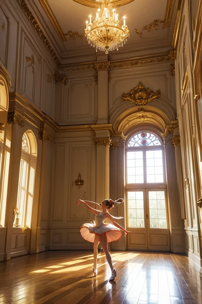 A kind huge giant in a ballerina tutu and pointe shoes is in the center of a bright, golden ballet hall, the hall is filled with people, there is a large chandelier on the ceiling, which gives off a golden hue, There are large window frames on the walls, on the sides of the windows there are red long curtains, there is a Christmas tree in the corner of the hall, there is a garland on the tree and a huge star on the top of the tree, the entire hall is decorated with colorful New Year&#39;s toys