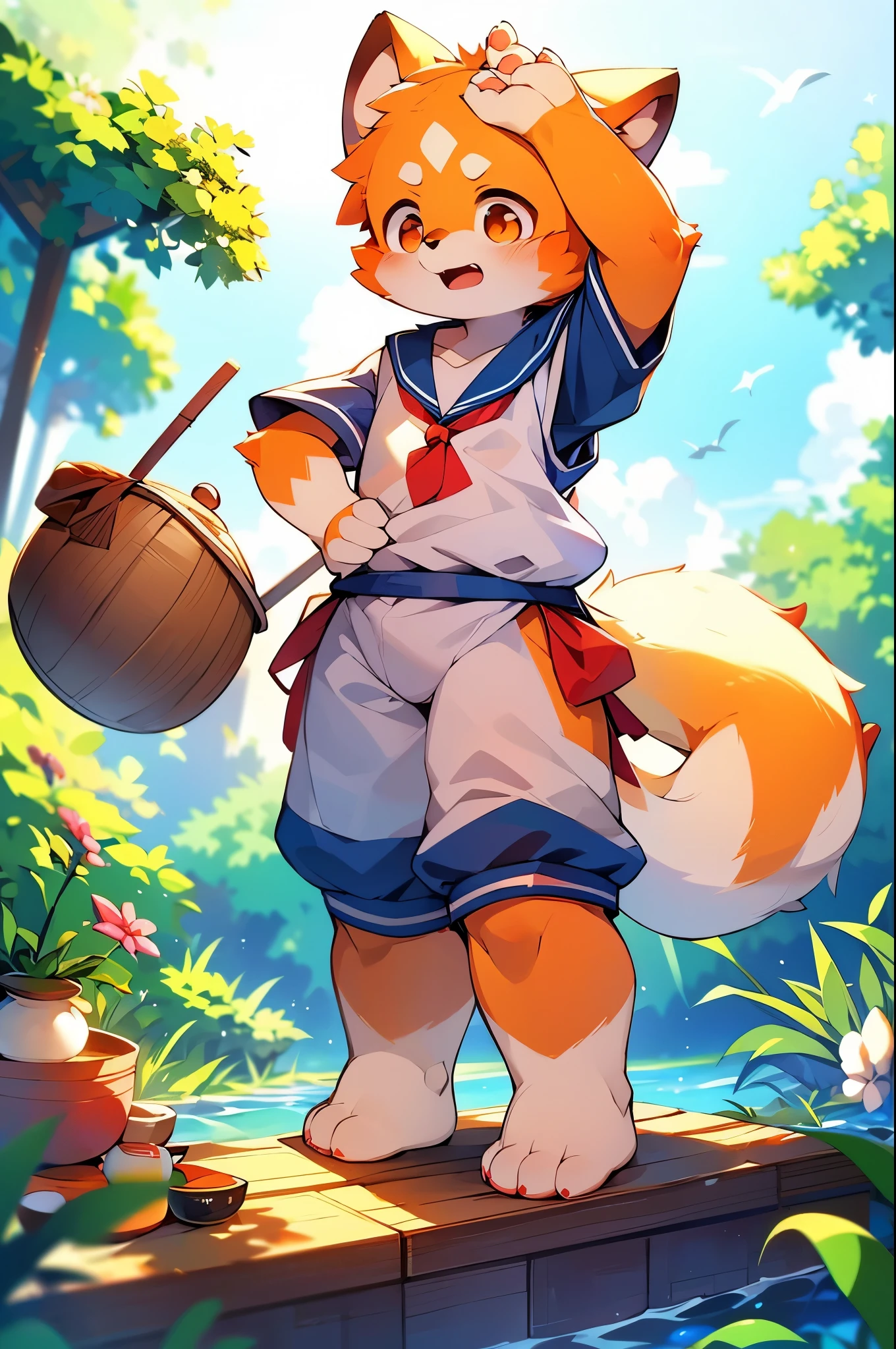 Red Panda Boy,8k resolution,Furry,          Ocean,Sailor suit,Red collar,Two legs,Stand up on your own two feet！                Towering,spindly,spindly,Drooling,cooked rice
