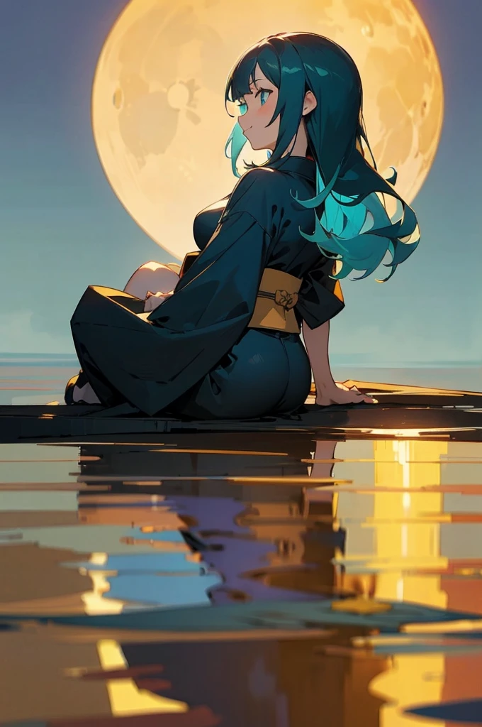 masterpiece, best quality, ultra detailed, outside, at the sea cliffs, a girl, samurai, a kitty, happy, smiling, sitting on the floor, looking away, medium hair, {curly}, aqua hair, cat ears, odd eyes, droopy eyes, pale skin, beautiful breasts, Indigo-colored kimono, with a perfect circle of one full moon , in the evening, nostalgic atmosphere, cel anime, full body shot, on right, from behind, golden ratio, golden hour, directional light, in focus with blurred background, Dark_Indigo