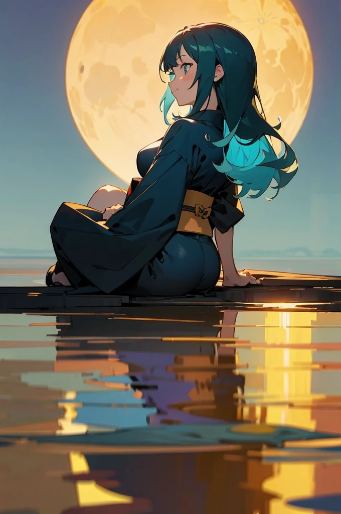 masterpiece, best quality, ultra detailed, outside, at the sea cliffs, a girl, samurai, a kitty, happy, smiling, sitting on the floor, looking away, medium hair, {curly}, aqua hair, cat ears, odd eyes, droopy eyes, pale skin, beautiful breasts, Indigo-colored kimono, with a perfect circle of one full moon , in the evening, nostalgic atmosphere, cel anime, full body shot, on right, from behind, golden ratio, golden hour, directional light, in focus with blurred background, Dark_Indigo