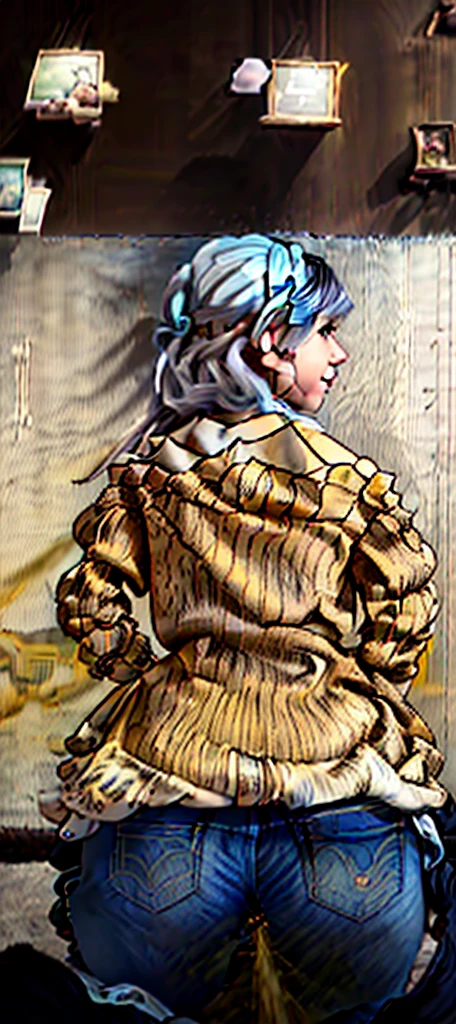 1girl, (fart, farting, yellow gas, arm support, back, bangs, bigfart, masterpiece, best quality, hair bun, in museum, naughty face, smile, blush, looking at viewer, from behind, short hair with long locks, white hairband, off shoulder, red sweater, long sleeves, (jeans:1.1), (art by carl holsoe:1.2)