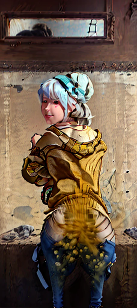 1girl, (fart, farting, yellow gas, arm support, back, bangs, bigfart, masterpiece, best quality, hair bun, in museum, naughty face, smile, blush, looking at viewer, from behind, short hair with long locks, white hairband, off shoulder, red sweater, long sleeves, (jeans:1.1), (art by carl holsoe:1.2)