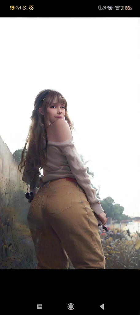 1girl, (fart, farting, yellow gas, arm support, back, bangs, bigfart, masterpiece, best quality, hair bun, in museum, naughty face, smile, blush, looking at viewer, from behind, short hair with long locks, white hairband, off shoulder, red sweater, long sleeves, (jeans:1.1), (art by carl holsoe:1.2)