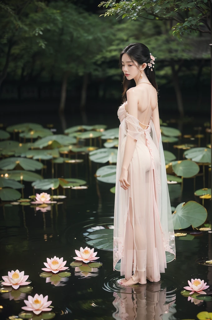 (((best quality))),(((ultra detailed))),(((masterpiece))),illustration,((1 beautiful young girl,solo)),((slim,thin)),(shoulder length straight hair:1.2),((earrings,necklace)),((small breasts,flat chest)),(see through traditional pink sheer Hanfu dress:1.3),((slender legs,loafers)),(beside the lotus pond full of lotus flowers:1.3), serene moonlight, ethereal,floral pattern, water movement, billowing fabric, tranquil,petals, fireflies, magical warm light, dreams, invitation, (standing:1.3),gazing, reflection, inner thoughts, emotional, sweet scent, natural beauty, solitude, hypnotic lull, eternal summer,(night scene:1.3), natural world, human spirit, celebration, backdrop, water, glow,(from front:1.2),(full body:1.2),(arms behind back:1.5)