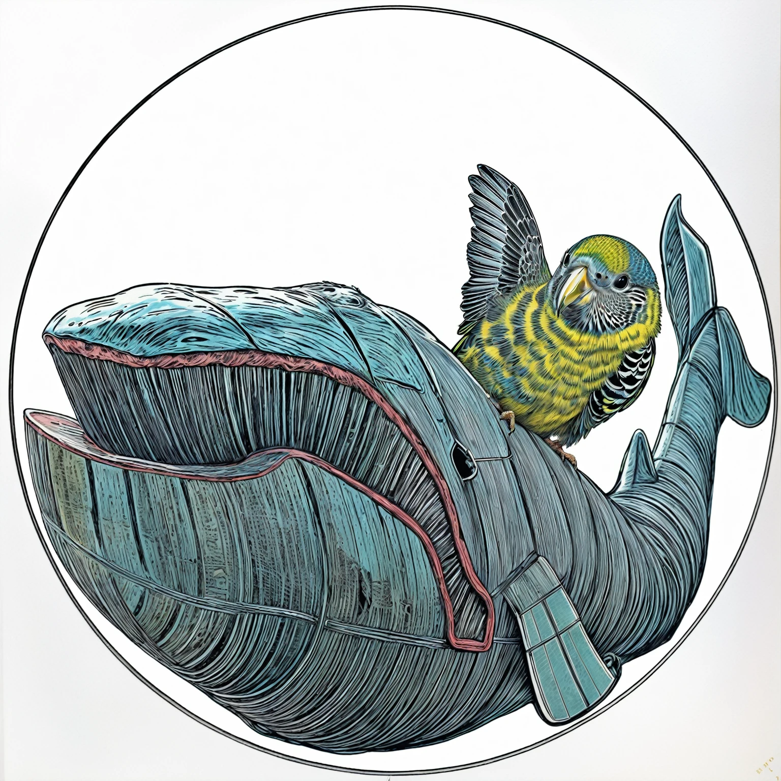 (high quality, high detailed)there is a budgie sitting on a whale that is waving a wing, cyborg whale, full color illustration, space whale, whale, inspired by Yuko Shimizu, official illustration, flying whale, highly detailed illustration, 2020, 2 0 2 0, by David G. Sorensen, 'untitled 9 ', inspired by Richard Doyle, colored woodcut