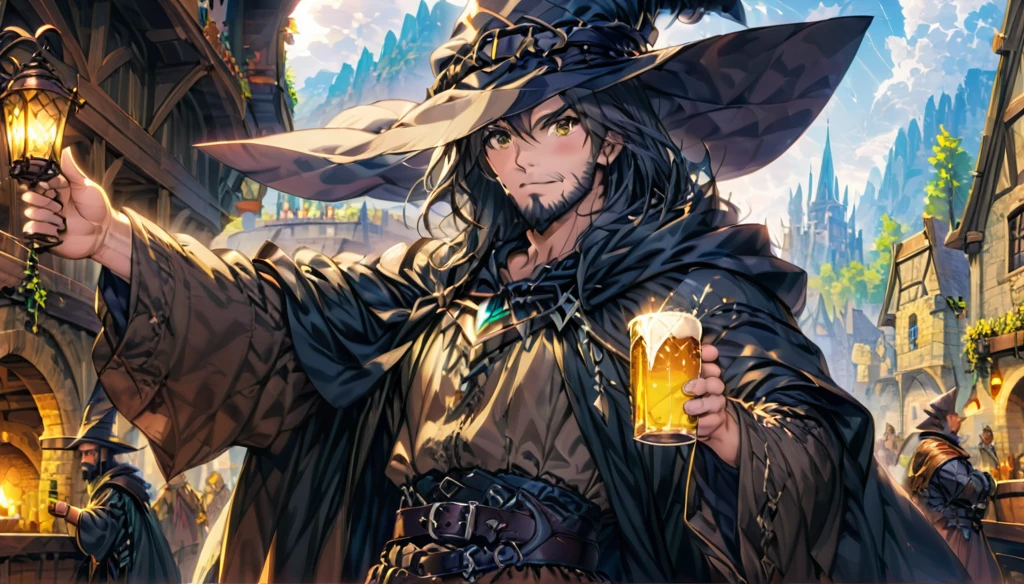 (Anime Infinite Stratus Art, 8k, ultra full high definition, epic quality, epic texture). The {{char}} is the focus of the scene, he is a man, he is 31 years old, he is a wizard, he is bald, he has a long black beard, brown eyes, white skin, he is muscular and short, wide chest, medium waist, wide hips, strong legs, he wears a wizard's robe, wizard's clothes, a pointy wizard's hat, he is drinking beer, apparently he is very drunk and happy, people love him.  The setting is a large RPG-style medieval tavern, very detailed, full of people(men and women, from different RPG classes) drinking and partying in the surroundings with {{char}}. The atmosphere is happy, celebratory and a lot of fun. Full view of scene.