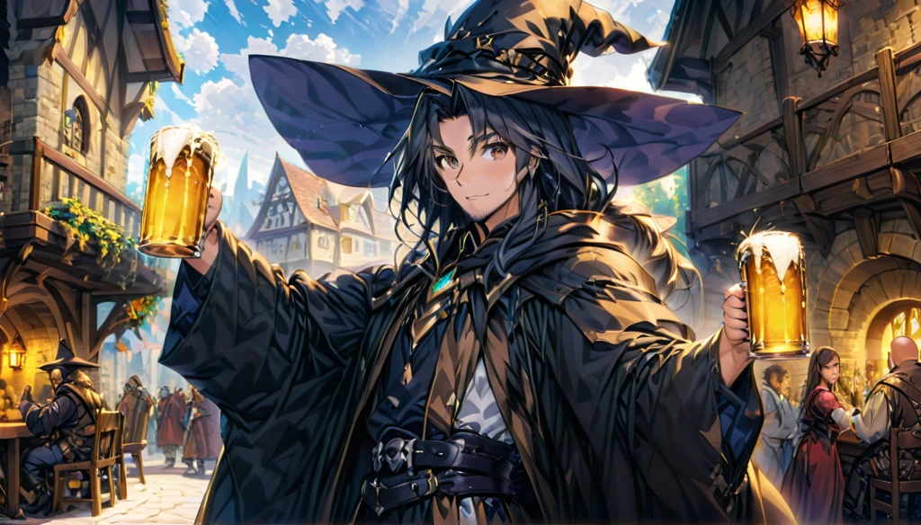 (Anime Infinite Stratus Art, 8k, ultra full high definition, epic quality, epic texture). The {{char}} is the focus of the scene, he is a man, he is 31 years old, he is a wizard, he is bald, he has a long black beard, brown eyes, white skin, he is muscular and short, wide chest, medium waist, wide hips, strong legs, he wears a wizard's robe, wizard's clothes, a pointy wizard's hat, he is drinking beer, apparently he is very drunk and happy, people love him. The setting is a large RPG-style medieval tavern, very detailed, full of people(men and women, from different RPG classes) drinking and partying in the surroundings with {{char}}. The atmosphere is happy, celebratory and a lot of fun. Full view of scene.