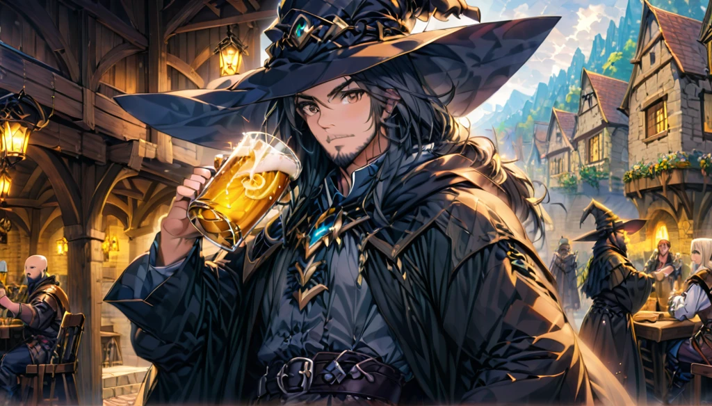 (Anime Infinite Stratus Art, 8k, ultra full high definition, epic quality, epic texture). The {{char}} is the focus of the scene, he is a man, he is 31 years old, he is a wizard, he is bald, he has a long black beard, brown eyes, white skin, he is muscular and short, wide chest, medium waist, wide hips, strong legs, he wears a wizard's robe, wizard's clothes, a pointy wizard's hat, he is drinking beer, apparently he is very drunk and happy, people love him. The setting is a large RPG-style medieval tavern, very detailed, full of people(men and women, from different RPG classes) drinking and partying in the surroundings with {{char}}. The atmosphere is happy, celebratory and a lot of fun. Full view of scene.