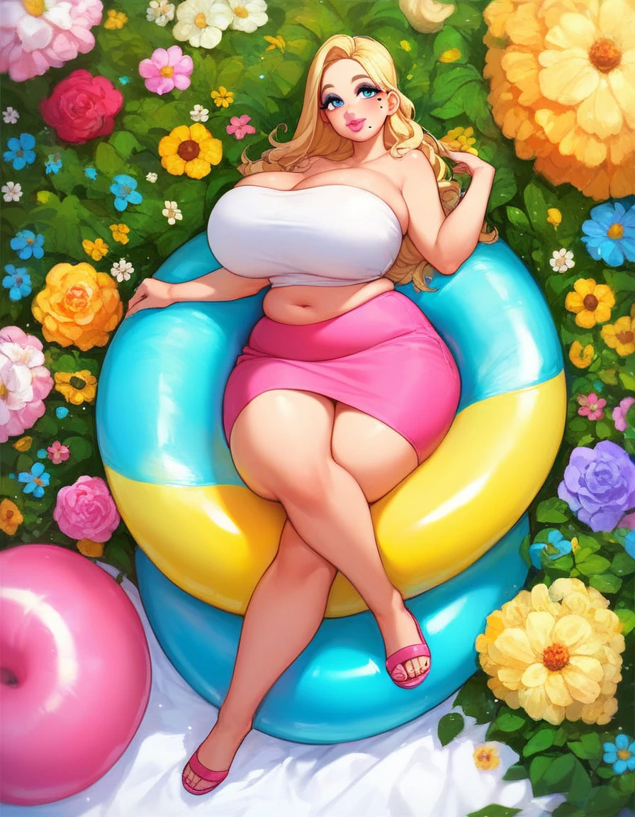 abby, 1girl, solo, long hair, blue eyes, skirt, blonde hair, navel, bare shoulders, full body, flower on tube top, mole, strapless, makeup, mole on right cheek, eyeshadow, pink skirt, light pink tube top, huge breasts, thicc thighs, big plump pink lips