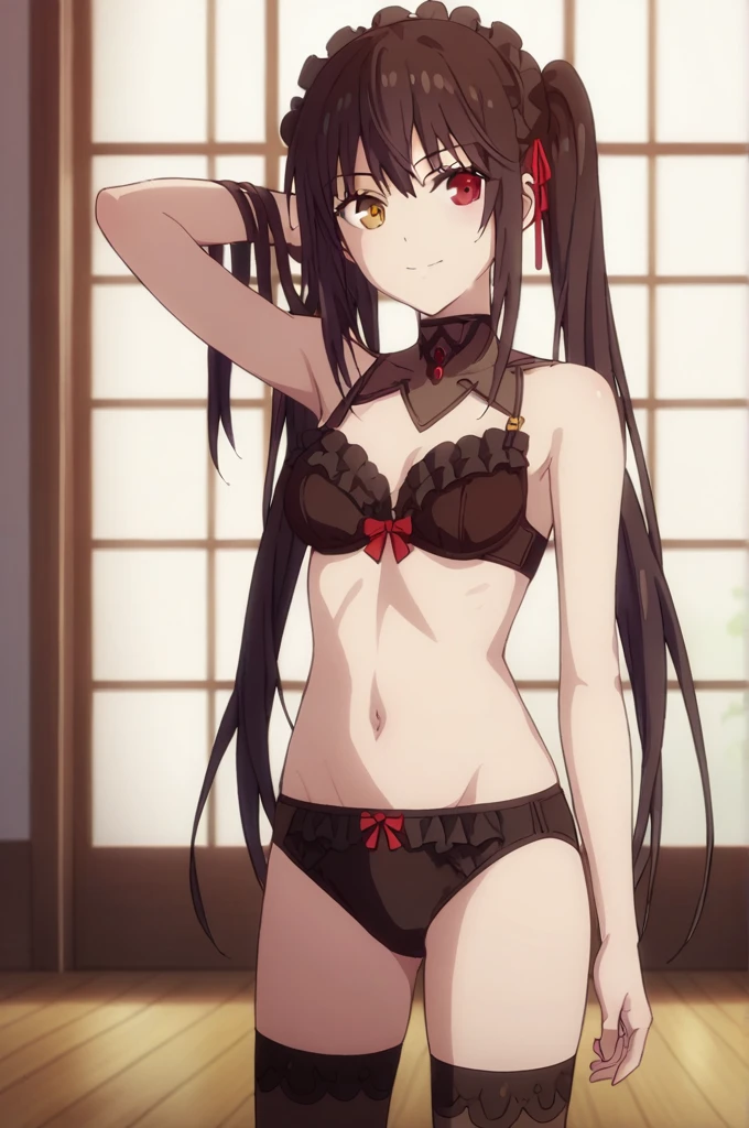 score_9, score_8_up, score_7_up, source_anime,
kurumitokisaki, kurumi tokisaki, black hair, golden right eye(clock eye), heterochromia and red eyes, long hair, (bunches)
bare shoulder, ribbon, Black bra, bikini, briefs, black bikini, twintails, low twintails, glossy black long silk stockings
indoors, smile,
looking at viewer, solo, standing on the floor,
arm_behind_head, cowboy shot,