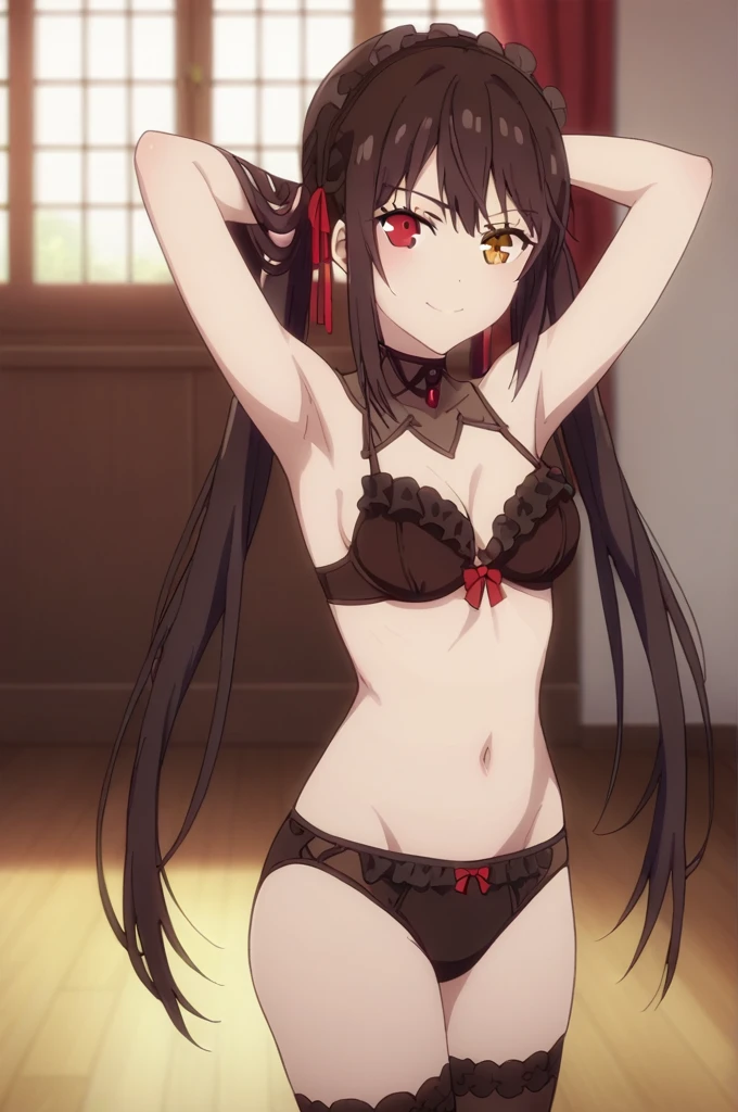 score_9, score_8_up, score_7_up, source_anime,
kurumitokisaki, kurumi tokisaki, black hair,   golden right eye(clock eye), heterochromia and red eyes, long hair, (bunches)
bare shoulder, ribbon, Black bra, bikini, briefs,  black bikini, twintails, low twintails, glossy black long silk stockings
indoors, smile,
looking at viewer, solo, standing on the floor,  
arm_behind_head,  cowboy shot,