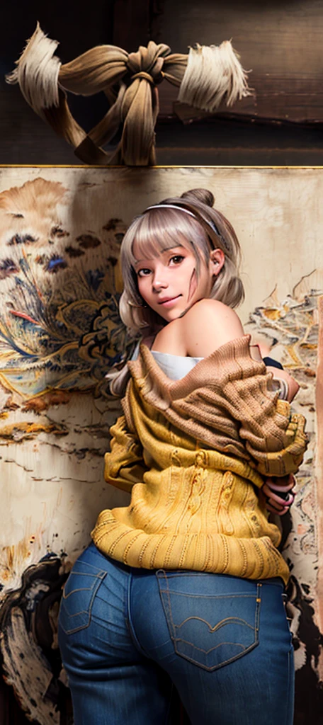 1girl, (fart, farting, yellow gas, arm support, back, bangs, bigfart, masterpiece, best quality, hair bun, in museum, naughty face, smile, blush, looking at viewer, from behind, short hair with long locks, white hairband, off shoulder, red sweater, long sleeves, (jeans:1.1), (art by carl holsoe:1.2)