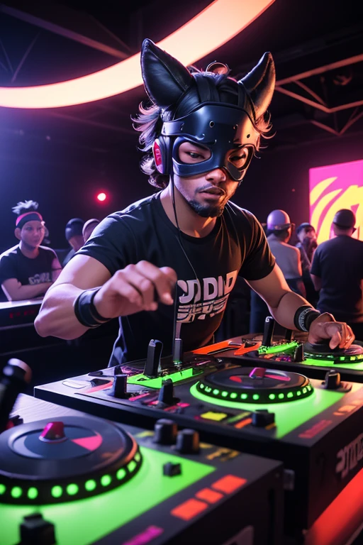 A blindfolded man is playing a game, Turntablist, portrait of lucha libre DJ, turntablism DJ scratching, DJ, DJ set, DJ rave party, DJ at a party, Photo of three laborers, DJ sura, DJing with DJ turntables, Tokyo Cyberpunk Night on the Roof, Amen wins the jungle 