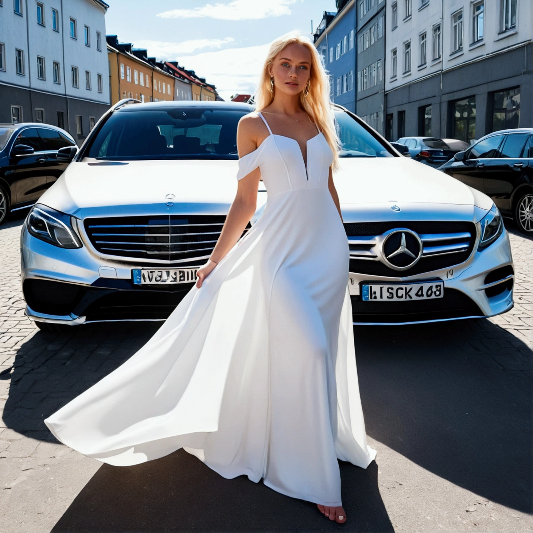 Blonde Norwegian female Instagram influencer with realistic blue eyes. She is next to a Mercedes Class A in the street with a white dress.