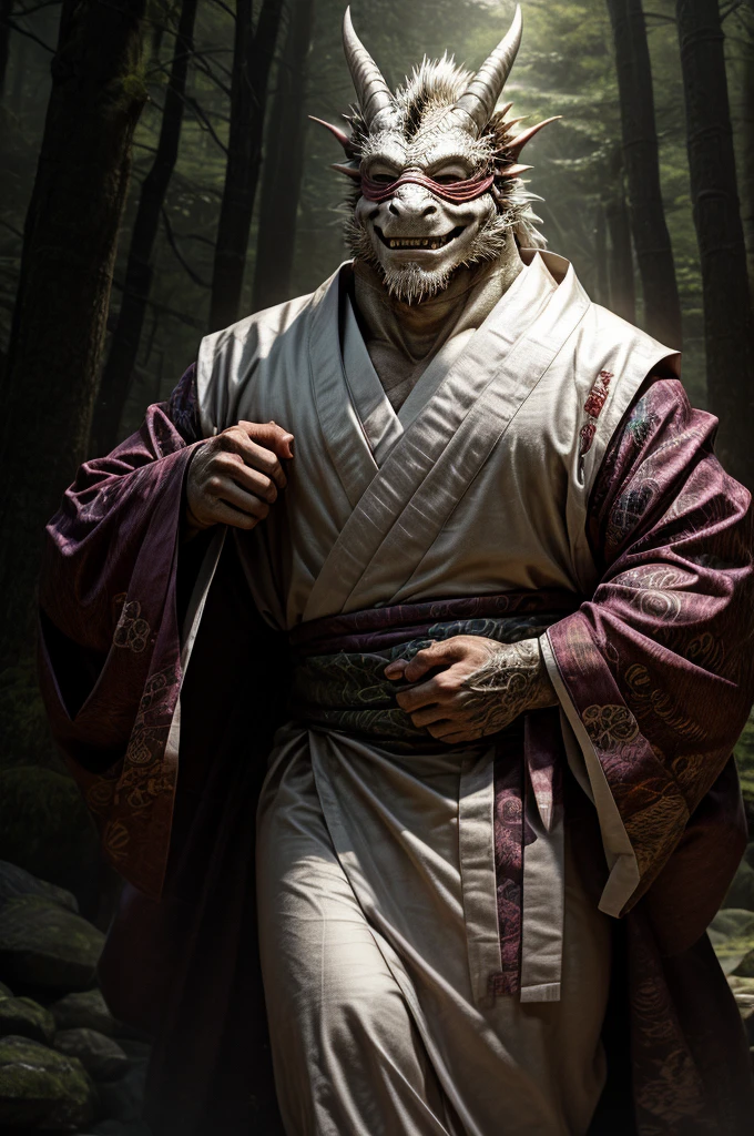 Asian white dragon, red tattoo, male, all body, realistic, (only open kimono, only folded with white cloth,) erecthuge penis, elderlile, japanese forest, dark forest, spooky atmosphere,