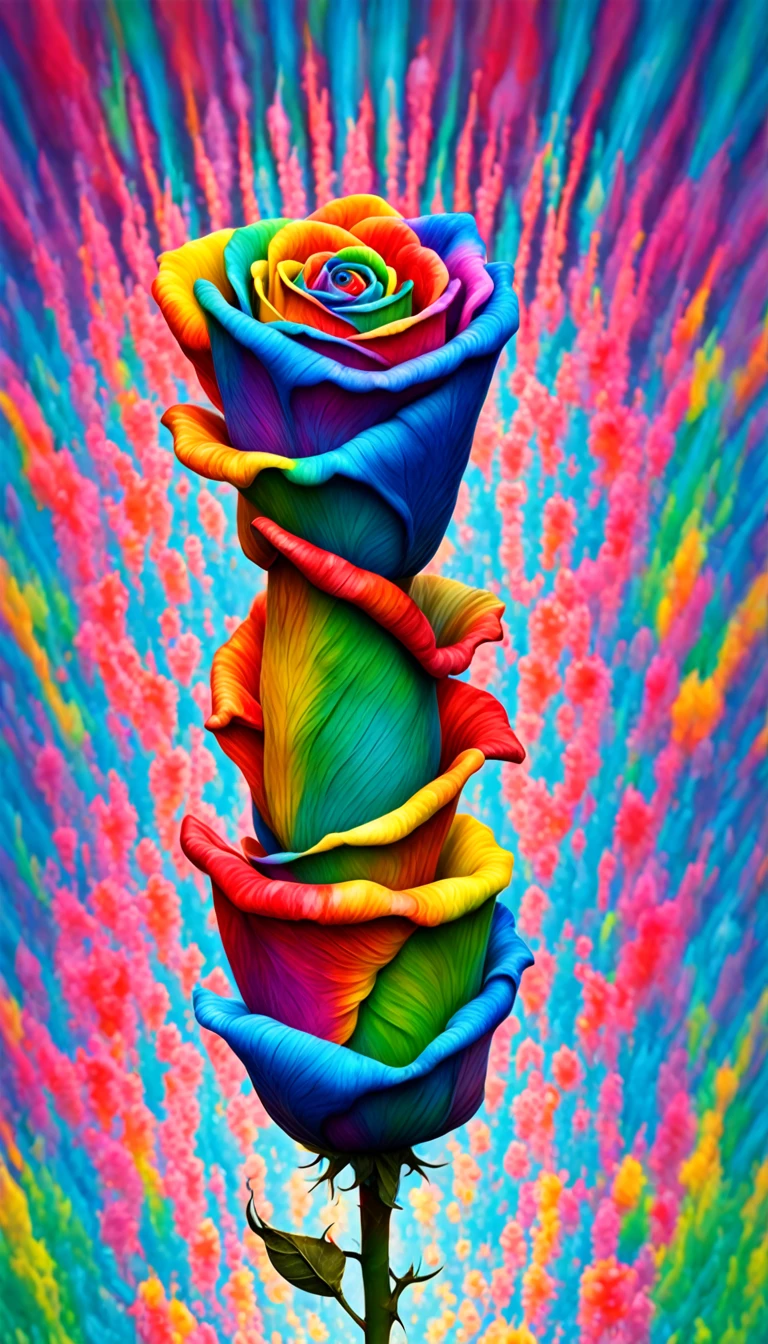 a 3D tie-dye portrait of a single rose melting with dripping paint, beautifully lit, insanely detailed, trippy, (ultimate quality,4k,8k,highres,masterpiece:1.2),ultra-detailed,(realistic,photorealistic,photo-realistic:1.37),HDR,UHD,studio lighting,ultra-fine painting,sharp focus,physically-based rendering,extreme detail description,professional,ultimate vivid colors,