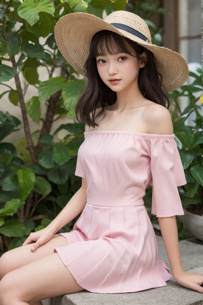 ((Highest quality)), ((masterpiece)), (detailed), Shoulders out , one piece , Primary school students,girl,whole body,pink,Off the shoulder