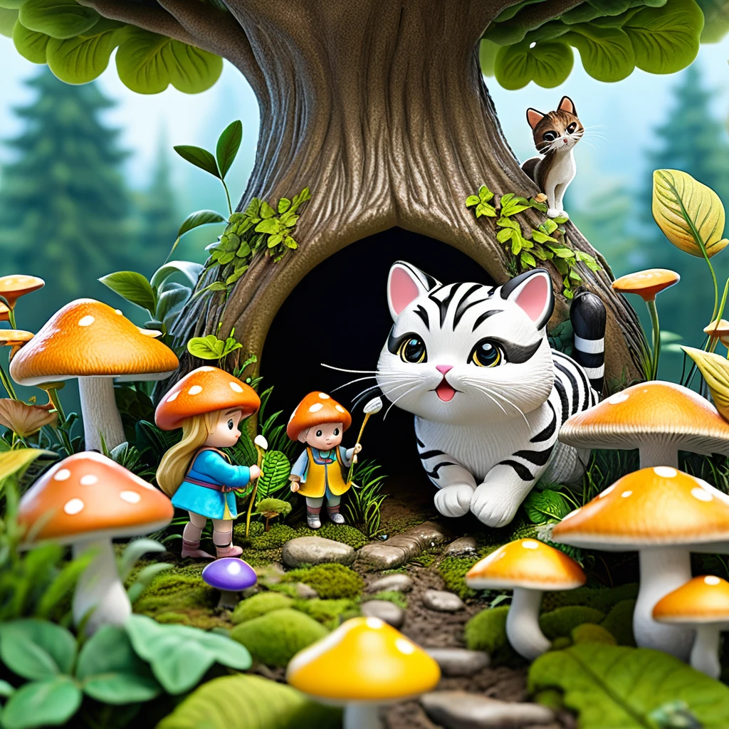 A scene with little people gathering under leaves and mushrooms。A big cat approaches、The little ones hide、Curious about cats々And they approach。The cat&#39;s face is drawn large in the center of the screen.、The little people are placed around it。The elements of nature are depicted in abundance.、Warm lighting surrounds the entire space。