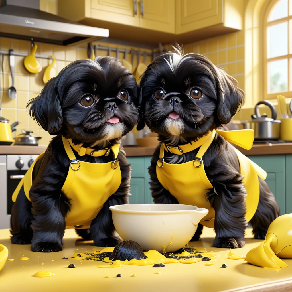 2 adorable small black shih tzu puppies, wearing yellow collars and aprons, playing and making a mess in a disney kitchen, disney pixar style, 3d render, extremely detailed, high quality, soft lighting, vibrant colors, whimsical, cute, photorealistic, 8k, best quality, masterpiece