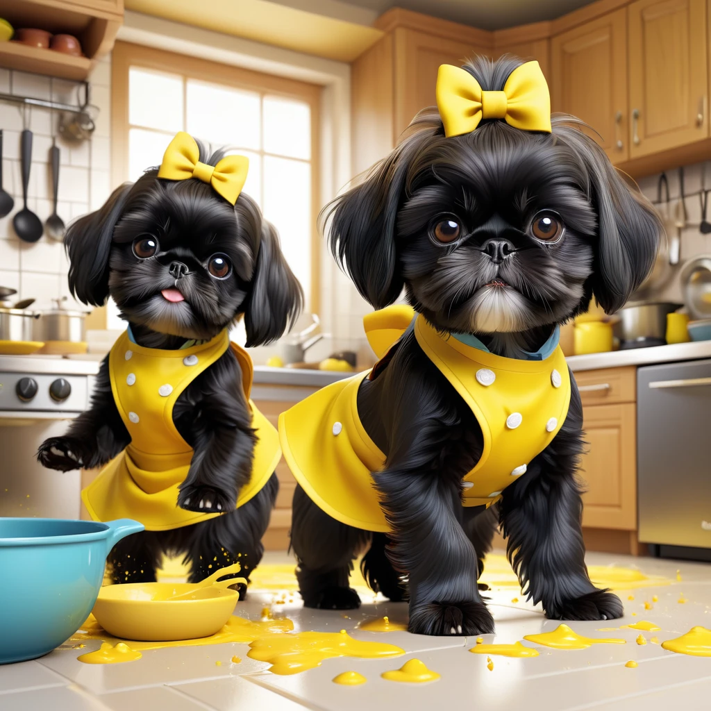 2 adorable small black shih tzu puppies, wearing yellow collars and aprons, playing and making a mess in a disney kitchen, disney pixar style, 3d render, extremely detailed, high quality, soft lighting, vibrant colors, whimsical, cute, photorealistic, 8k, best quality, masterpiece
