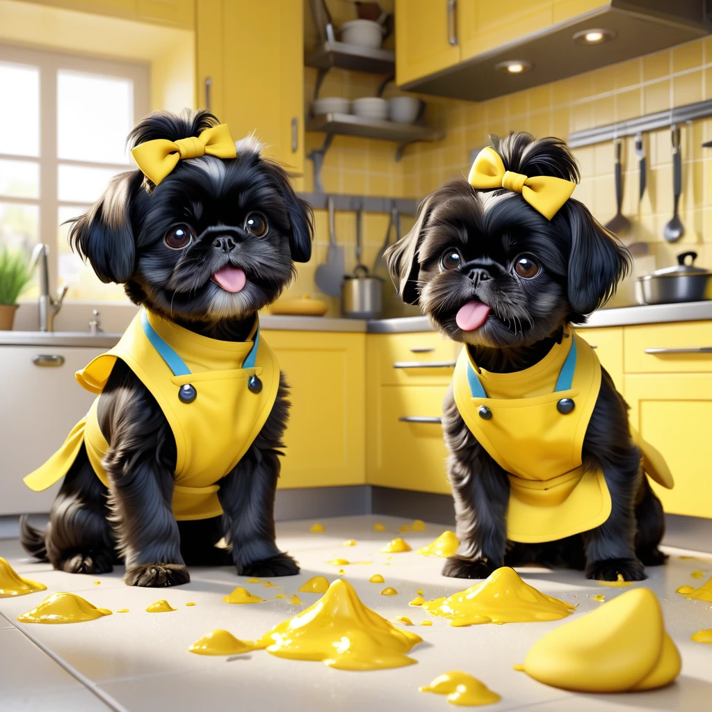 2 adorable small black shih tzu puppies, wearing yellow collars and aprons, playing and making a mess in a disney kitchen, disney pixar style, 3d render, extremely detailed, high quality, soft lighting, vibrant colors, whimsical, cute, photorealistic, 8k, best quality, masterpiece