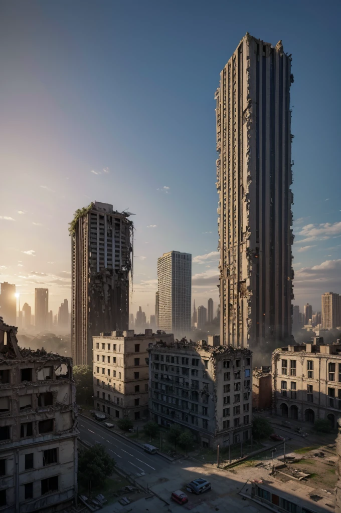 city in ruins, realistic destroyed walls and buildings.