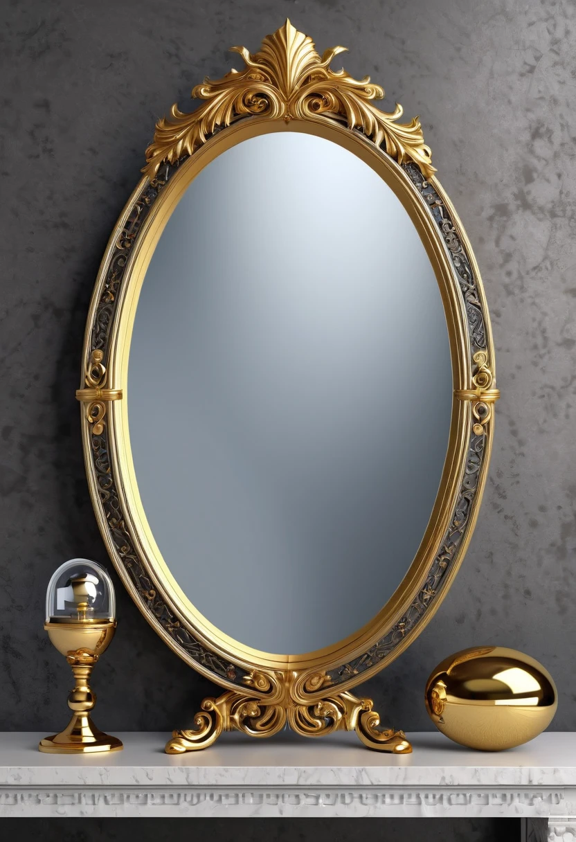 (best qualityer,4K,8k,high resolution,work of art:1.2),super verbose,(real,Photoreal,photo-real:1.37), oval mirror, mic, with golden ornaments, with runes.