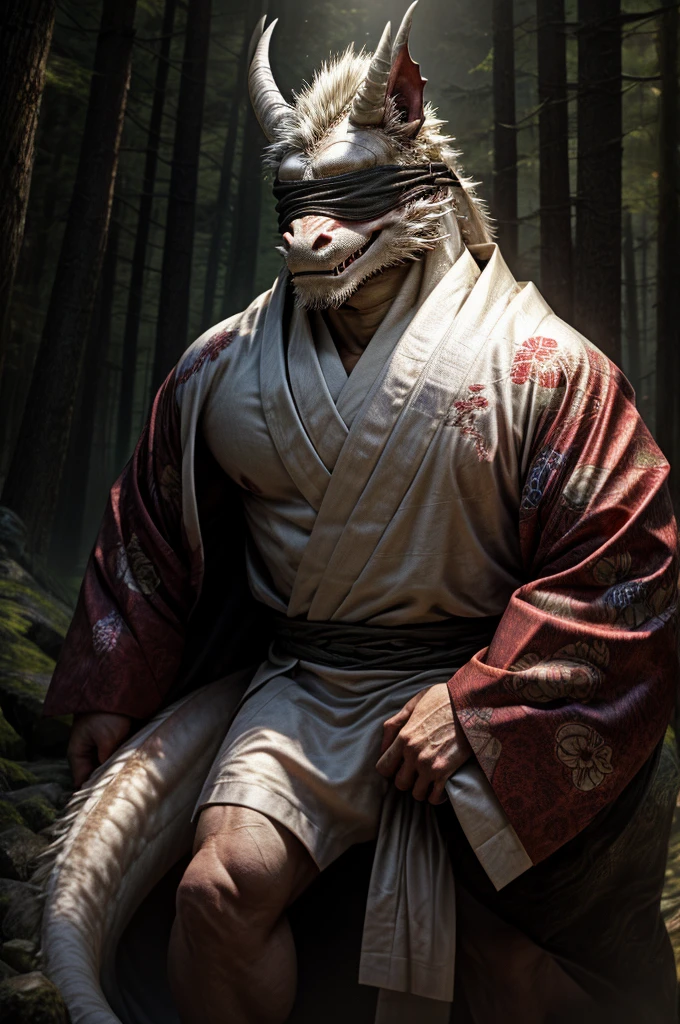 Asian white dragon, red tattoo, male, all body, realistic, (only open kimono, only folded with white cloth,) erecthuge penis, elderlile, japanese forest, dark forest, spooky atmosphere,  