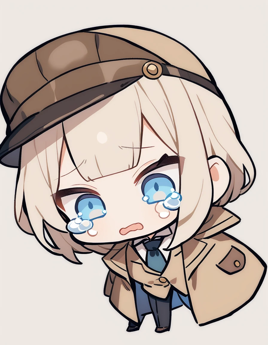 One girl, Beige hair、long、Bangs、Detective Suit、chibi,Light blue eyes、simple background、Crying face、Newsboy hat