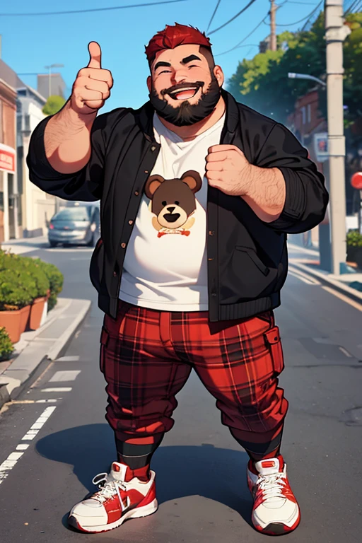 one man, 30 years old, thick beard, thumb ups, laughing, burly, chubby, bear, full body, black T shirt, plaid jacket, stylish sneaker, red trouser, posing for a picture, lovely