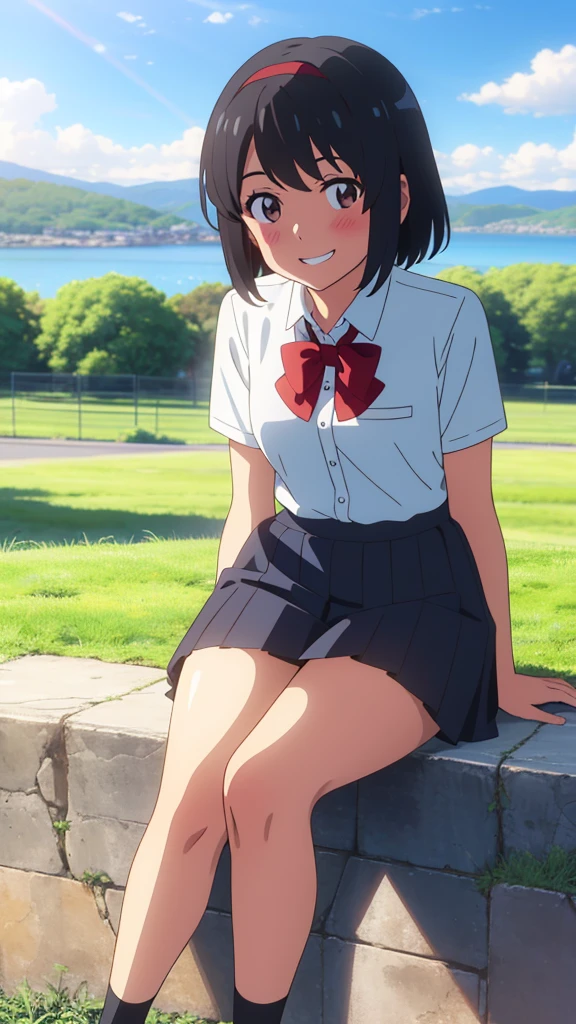 shinkai makoto, kimi no na wa., 1girl, bangs, black hair, blush, expressive eyes, brown eyes, perfect face, looking at the viewer, school outfit, white collared shirt, red headband, red ribbon, red bow, short sleeves, black skirt, short hair, solo, outdoors, shinny skin, smile, cute, grin, cloudy, blue sky, mountains, rocks, sitting, (masterpiece), best quality