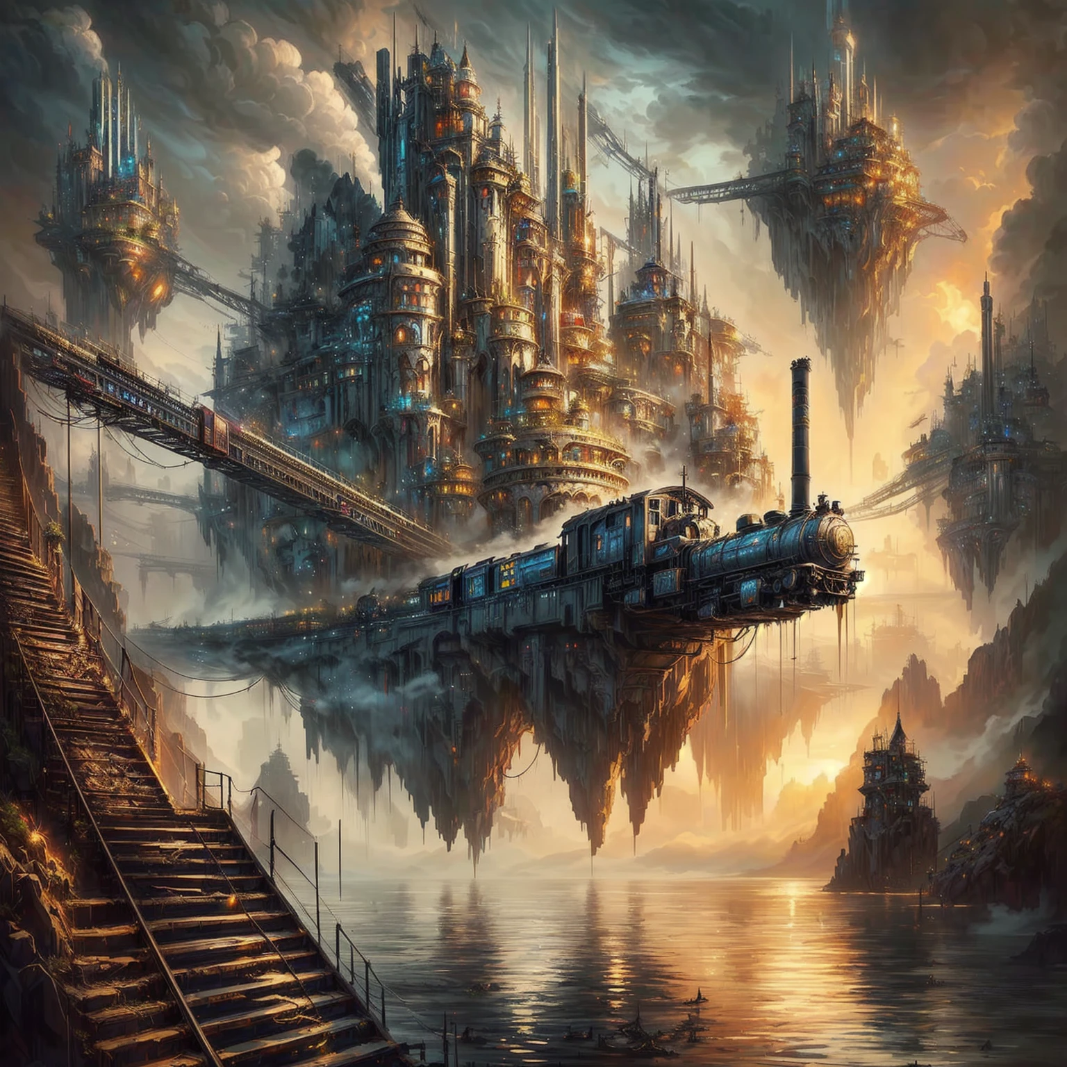 futuristic city with a train going through it in the middle of a lake, symmetrical epic fantasy art, ancient steampunk city, sci-fi fantasy wallpaper, a steampunk city, epic fantasy sci fi illustration, steampunk city, epic scifi fantasy art, science fantasy painting, in fantasy sci - fi city, fantasy scifi, floating city on clouds, big and structured valhalla city
