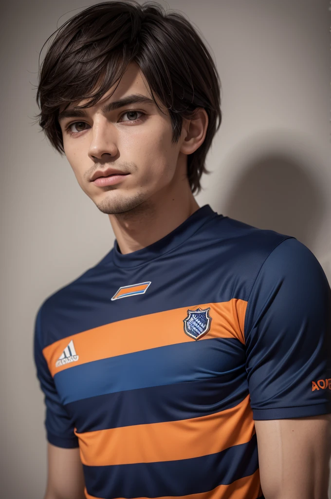 Dark blue and orange striped football shirt
