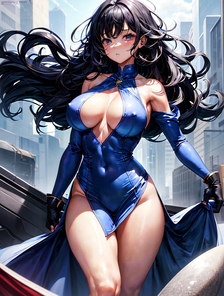 A girl, cute, shy, she is blushing, Oppai, nsfw, unreal body, large body, disproportionate body, curly hair, short black hair, hair just above the shoulder, voluminous hair, she has an unrealistic body, big breasts, extremely gigantic breasts, huge breasts, fat and voluminous breasts, voluminous breasts, giant breasts, giant ass, big ass, extremely giant ass, unrealistic ass, extremely thick ass, gigantic ass, thin waist, unrealistic waist, small waist, flat stomach, skinny belly, thin belly, big hips, toned hips, extremely big hips, explicit, 150 tall, short, small, hot little, height 150, she is wearing a blue bodycon dress, blue dress, bodycon dress, body covering dress, large neckline, cleavage, revealing cleavage, short, short dress, bodycon short dress