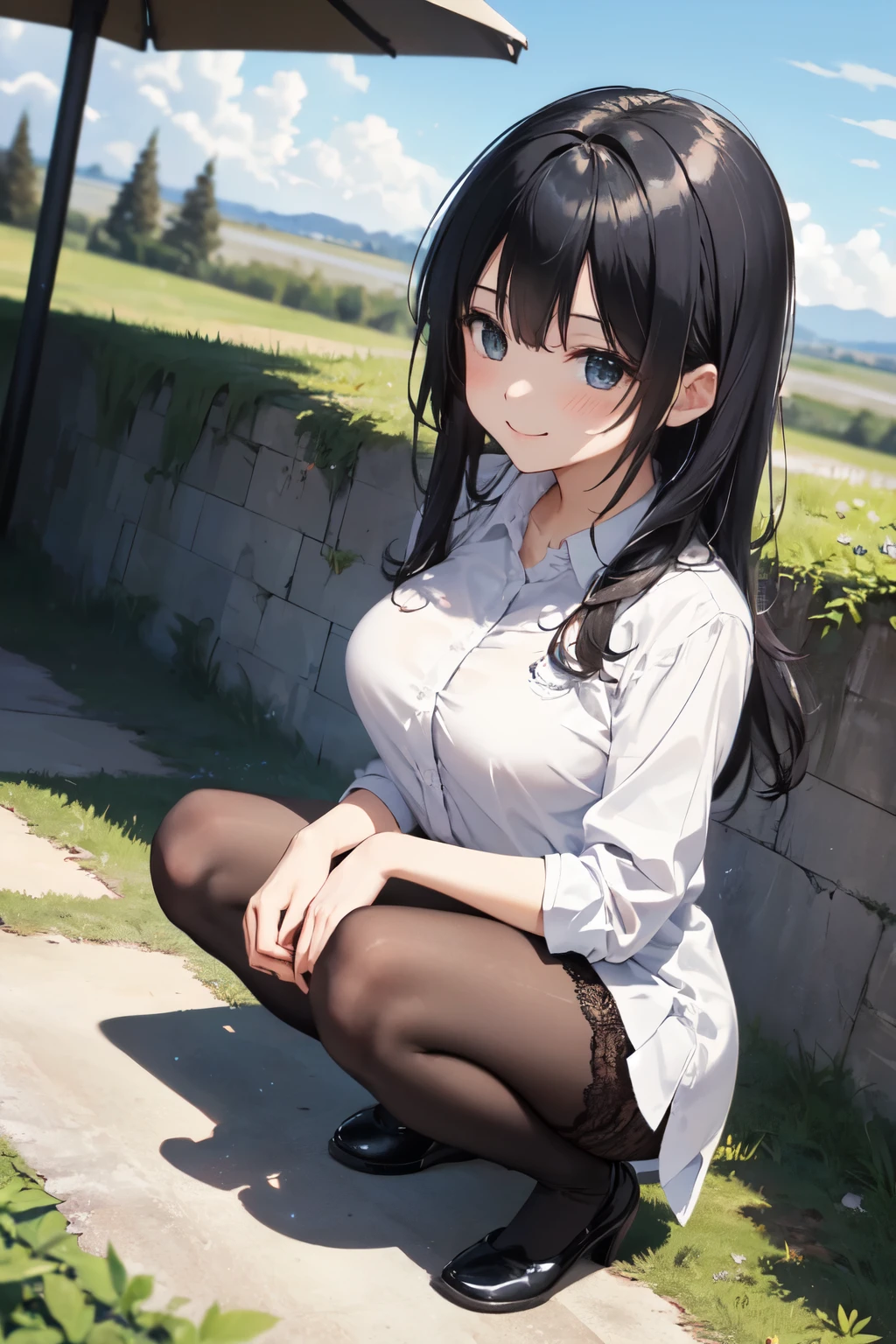 very cute and beautiful girl,(Very detailed美しい顔), (smile),blush,Black Hair,Seraphim,(White Shirt、Pleated navy blue pread your legs、Squat)、Sitting、(From below)、(Black tights、Lacy white panties), Country road, (Highest quality,masterpiece:1.0),Absurd,High resolution,Super detailed,Very detailed,32K,8k resolution, Intricate details,Movie Scenes,Detailed Background,alone,Dynamic Angle,
