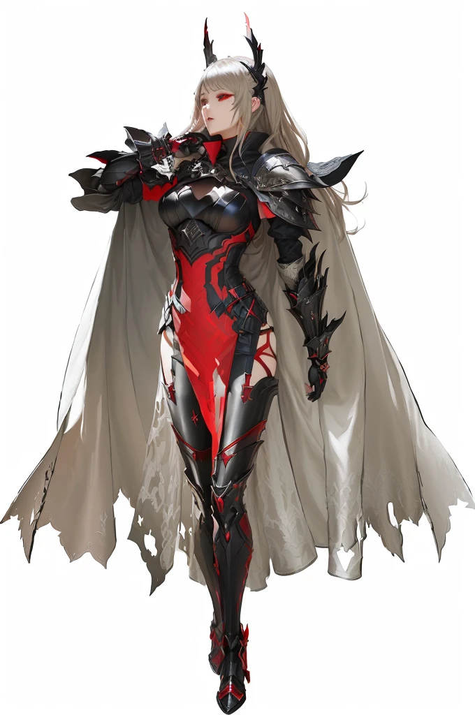 a woman in a red and black costume and a cape, pale black armor, black and red reflected armor, black and red armor, code vein, dark sorceress full view, drakengard, inspired by Li Chevalier, from arknights, official character art,