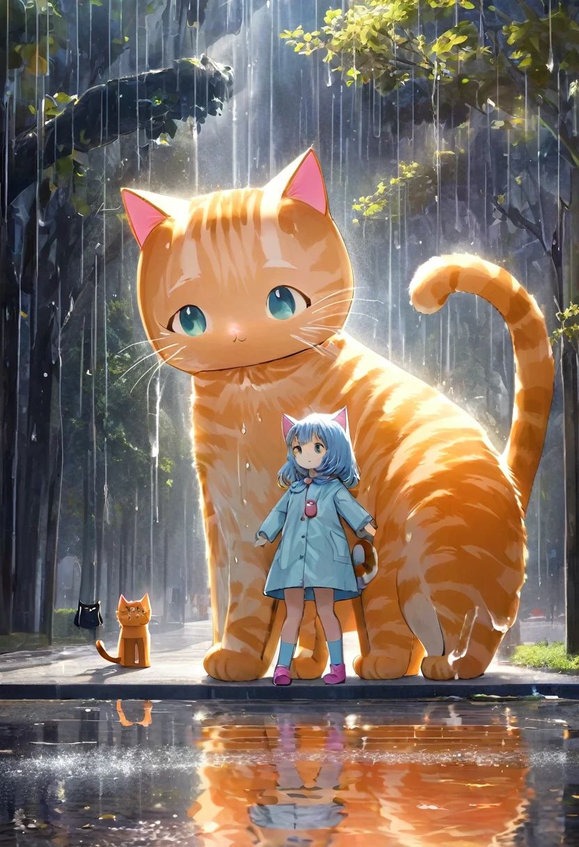Little girl wearing red raincoat and rain boots.and a giant orange cat(The cat is 10 times the size of the little girl1:10).The bus stop on the seaside is in the background.(((masterpiece))), (((best quality))), ((Super detailed)), (Highly detailed CG illustrations), ((extremely delicate and beautiful)), Cinematic light, (Character focus), Ridiculous, high contrast little girl:Cat 1:10, Extremely detailed, rich and colorful, most detailed, Science fiction, (light blue hair), Add details,