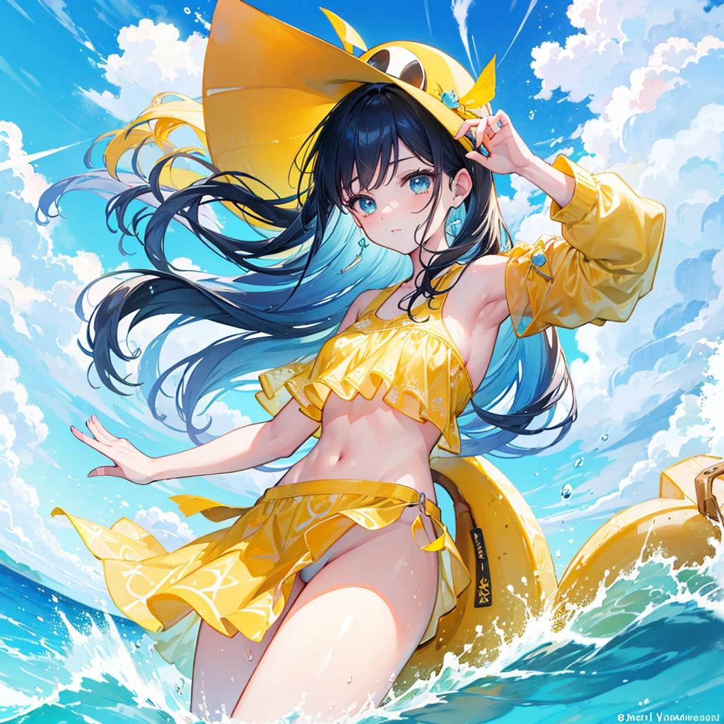 "Create an ultra-high resolution (262144K) watercolor illustration capturing the dynamic moment of a beautiful woman falling from a banana boat, emphasizing the interplay of motion, water, and human form with extraordinary detail and artistic finesse.
Central Focus:
The Woman: A stunningly beautiful woman in mid-fall, her body gracefully arched.
The Banana Boat: Partially visible, showing its vibrant yellow color and texture.
The Water: A spectacular splash and spray surrounding the falling figure.
Character Details:
The Woman:
Flawless skin with subtle variations in tone, capturing the play of sunlight and water droplets.
Hair flowing dramatically, individual strands visible and interacting with the water spray.
Facial expression showing a mix of surprise and exhilaration.
Swimwear with intricate patterns and textures, clinging to the body realistically.
Environmental Elements:
Banana Boat:
Glossy yellow surface with visible texture and reflections.
Wake behind the boat, showing motion and disturbance in the water.
Any visible ropes or handles with detailed texturing.
Water:
Complex splash patterns with individual droplets and spray visible.
Underwater view partially visible, showing the clarity and color gradients of the sea.
Sunlight refracting through the water and droplets, creating rainbow effects.
Sky and Background:
Vibrant blue sky with subtle cloud formations.
Distant shoreline or other boats, slightly out of focus but still detailed.
Color Palette:
Woman: Warm skin tones with cool highlights from the water.
Banana Boat: Bright yellow with white and blue accents.
Water: Various shades of blue and turquoise, with white foam and spray.
Sky: Gradient of blues, possibly with warm tones if set near sunset.
Watercolor Techniques:
Wet-on-Wet: For smooth blending in the sky and underwater portions.
Dry Brush: For texture on the banana boat and details in the splash.
Controlled Bleeding: To create soft edges in the water spray and hair.
Layered Washes: Building dep