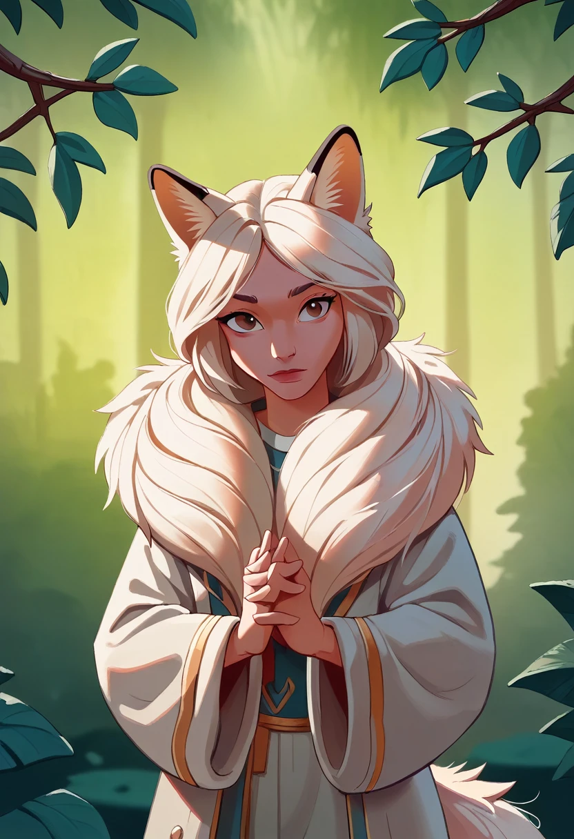 a young fox girl ((1 white fluffy tail)), stand, standing sideways to the viewer, head turned to the viewer, hands folded together, branches of a white tree nearby drawn with ink, masterpiece, professional artist, detailed, high resolution, cinematic, cinematic lighting, ((harmony)), artist: ke-ta, dfer32, asanagi,
