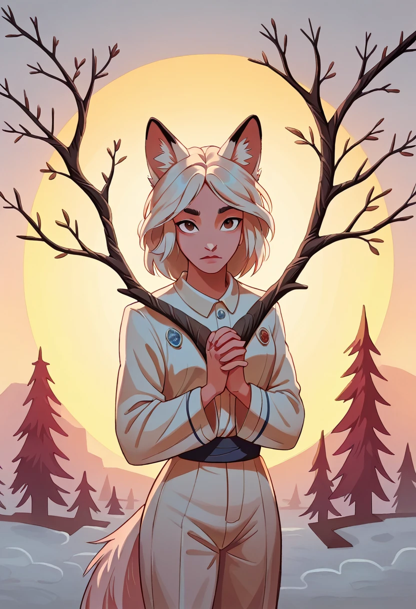 a young fox girl ((1 white fluffy tail)), stand, standing sideways to the viewer, head turned to the viewer, hands folded together, branches of a white tree nearby drawn with ink, masterpiece, professional artist, detailed, high resolution, cinematic, cinematic lighting, ((harmony)), artist: ke-ta, dfer32, asanagi,
